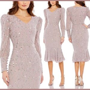 Mac Duggal Beaded Sequin V neck Long Sleeve Illusion Trumpet Dress Vintage Lilac